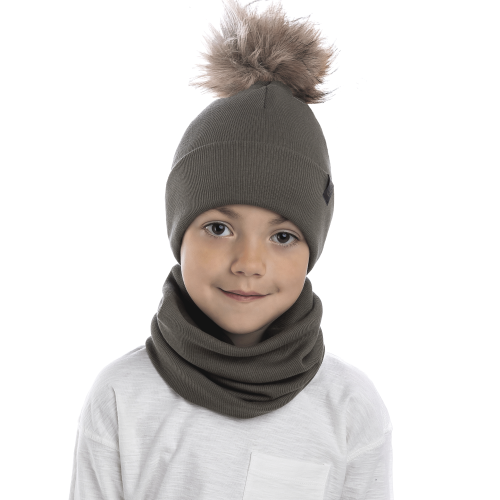 Komplet - Czapka z kominem dwuwarstwowa 1 pompon / Khaki