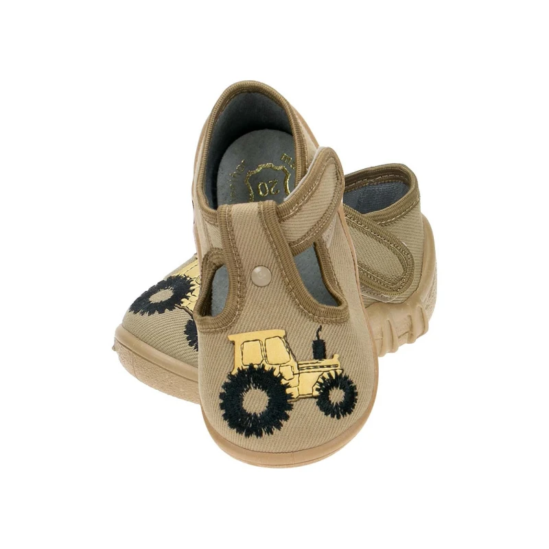 Raweks - Kapcie Chłopięce LEON L65 Traktor Beżowe Skórzana Wkładka (Pulchna stopa) - bubutik.pl