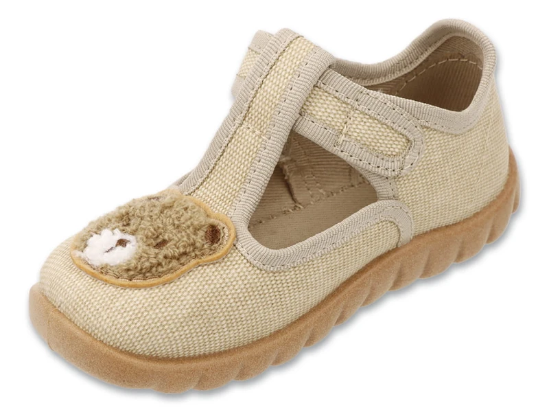 Bezowe-buty-dzieciece-do-przedszkola-Flexi-Befado-z-aplikacja-misia--widok-z-boku.jpg