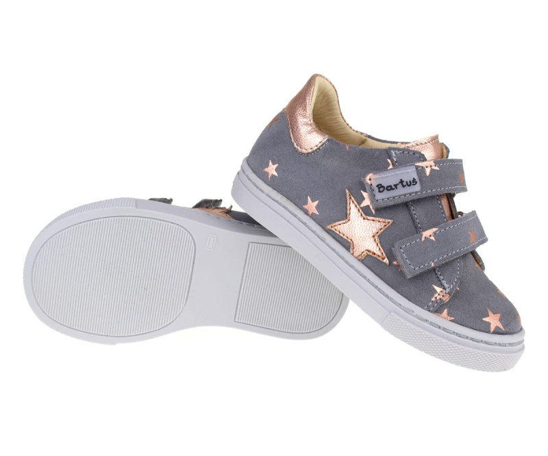 Bartuś - Półbuty dziewczęce w gwiazdki P-005 POPIEL GWIAZDKI MIEDŹ
