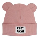 Minimiki - Czapka prążkowana BEANIE z uszkami PRZYGODA różowa