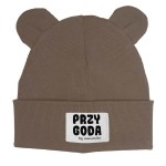 Minimiki - Czapka prążkowana BEANIE z uszkami PRZYGODA szarobrązowa