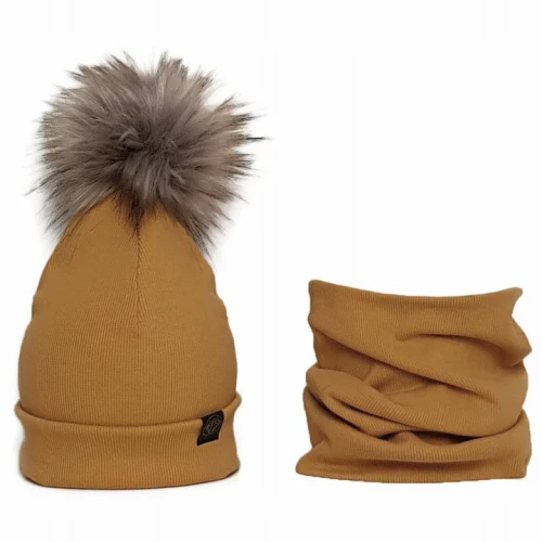 Komplet - Czapka z kominem dwuwarstwowa 1 pompon / Karmelowy 